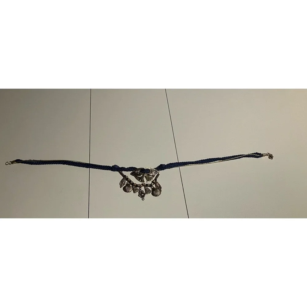 Navy‎ Blue Rope Belt with Gold Shell Charms, Vintage Statement Adjustable Waist